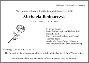 Traueranzeige von Michaela Bednarczyk von Giessener Allgemeine, Alsfelder Allgemeine