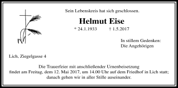 Traueranzeige von Helmut Eise von Licher Wochenblatt, Licher Wochenblatt, Licher Wochenblatt