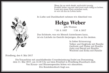 Traueranzeige von Helga Weber von Wetterauer Zeitung, Wetterauer Zeitung