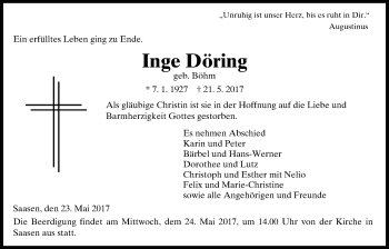 Traueranzeige von Inge Döring von Giessener Allgemeine, Alsfelder Allgemeine