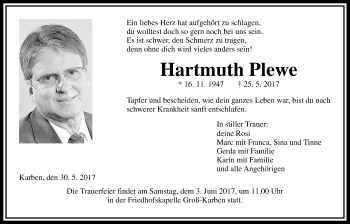 Traueranzeige von Hartmuth Plewe von Wetterauer Zeitung, Wetterauer Zeitung