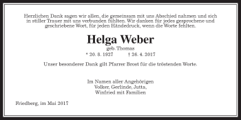 Traueranzeige von Helga Weber von Wetterauer Zeitung, Wetterauer Zeitung
