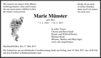 Traueranzeige von Marie Münster von Giessener Allgemeine, Alsfelder Allgemeine