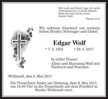 Traueranzeige von Edgar Wolf von Wetterauer Zeitung, Wetterauer Zeitung