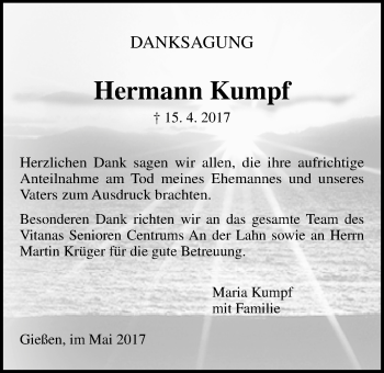 Traueranzeige von Hermann Kumpf von Giessener Allgemeine, Alsfelder Allgemeine