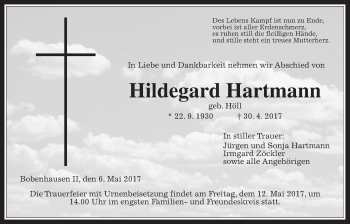 Traueranzeige von Hildegard Hartmann von Alsfelder Allgemeine