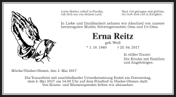 Traueranzeige von Erna Reitz von Alsfelder Allgemeine
