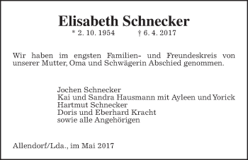 Traueranzeige von Elisabeth Schnecker von Giessener Allgemeine, Alsfelder Allgemeine