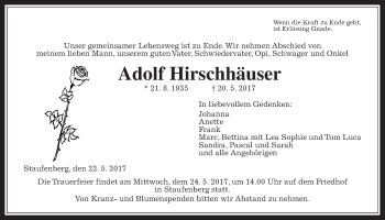 Traueranzeige von Adolf Hirschhäuser von Giessener Allgemeine, Alsfelder Allgemeine