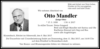 Traueranzeige von Otto Mandler von Giessener Allgemeine, Alsfelder Allgemeine