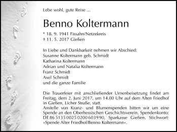 Traueranzeige von Benno Koltermann von Giessener Allgemeine, Alsfelder Allgemeine