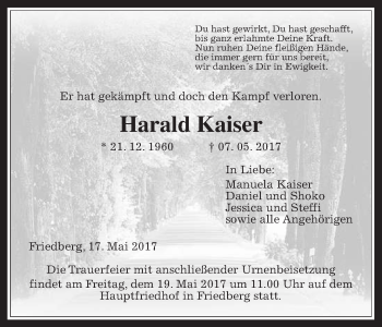 Traueranzeige von Harald Kaiser von Wetterauer Zeitung, Wetterauer Zeitung