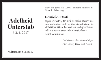 Traueranzeige von Adelheid Unterstab von Wetterauer Zeitung, Wetterauer Zeitung