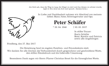 Traueranzeige von Peter Schäfer von Wetterauer Zeitung, Wetterauer Zeitung