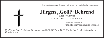 Traueranzeige von Jürgen Behrend von Wetterauer Zeitung, Wetterauer Zeitung