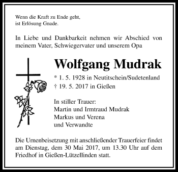 Traueranzeige von Wolfgang Mudrak von Giessener Allgemeine, Alsfelder Allgemeine