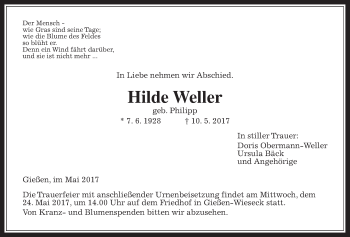 Traueranzeige von Hilde Weller von Giessener Allgemeine, Alsfelder Allgemeine