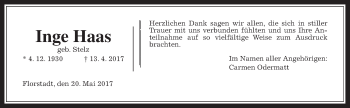 Traueranzeige von Inge Haas von Wetterauer Zeitung, Wetterauer Zeitung