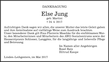 Traueranzeige von Else Jung von Giessener Allgemeine, Alsfelder Allgemeine