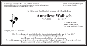 Traueranzeige von Anneliese Wallisch von Giessener Allgemeine, Alsfelder Allgemeine