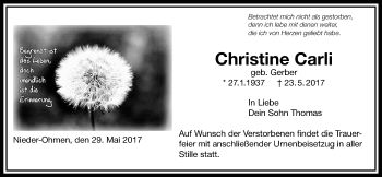Traueranzeige von Christine Carli von Giessener Allgemeine, Alsfelder Allgemeine