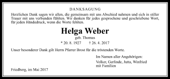 Traueranzeige von Helga Weber von Wetterauer Zeitung, Wetterauer Zeitung
