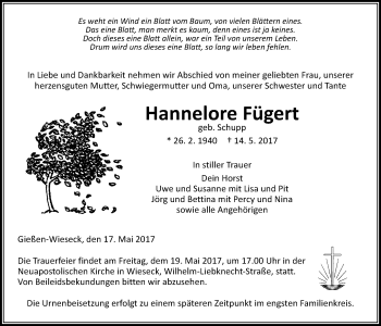 Traueranzeige von Hannelore Fügert von Giessener Allgemeine, Alsfelder Allgemeine