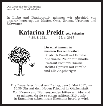 Traueranzeige von Katarina Preidt von Giessener Allgemeine, Alsfelder Allgemeine