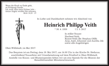 Traueranzeige von Heinrich Philipp Veith von Wetterauer Zeitung, Wetterauer Zeitung