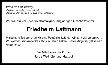 Traueranzeige von Friedhelm Lattmann von Giessener Allgemeine, Alsfelder Allgemeine