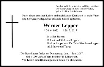 Traueranzeige von Werner Lepper von Giessener Allgemeine, Alsfelder Allgemeine