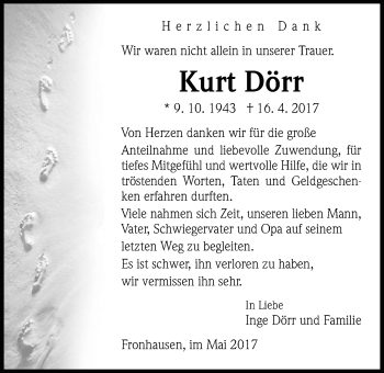 Traueranzeige von Kurt Dörr von Alsfelder Allgemeine