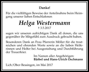 Traueranzeige von Helga Westermann von Licher Wochenblatt, Licher Wochenblatt, Licher Wochenblatt