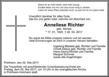 Traueranzeige von Anneliese Richter von Giessener Allgemeine, Alsfelder Allgemeine