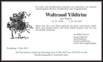 Traueranzeige von Waltraud Yildirim von Wetterauer Zeitung, Wetterauer Zeitung