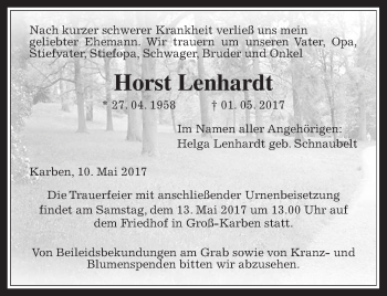 Traueranzeige von Horst Lenhardt von Wetterauer Zeitung, Wetterauer Zeitung