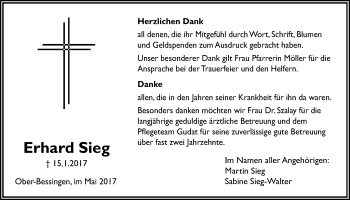 Traueranzeige von Erhard Sieg von Licher Wochenblatt, Licher Wochenblatt, Licher Wochenblatt