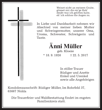 Traueranzeige von Änni Müller von Wetterauer Zeitung, Wetterauer Zeitung
