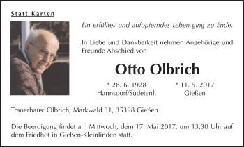 Traueranzeige von Otto Olbrich von Giessener Allgemeine, Alsfelder Allgemeine
