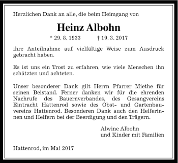 Traueranzeige von Heinz Albohn von Licher Wochenblatt, Licher Wochenblatt, Licher Wochenblatt