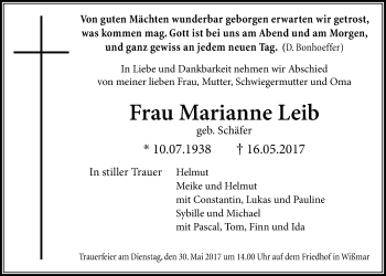 Traueranzeige von Marianne Leib von Giessener Allgemeine, Alsfelder Allgemeine