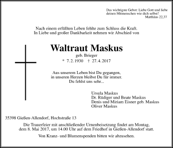 Traueranzeige von Waltraud Maskus von Giessener Allgemeine, Alsfelder Allgemeine