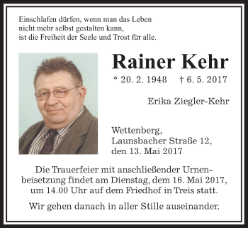 Traueranzeige von Rainer Kehr von Giessener Allgemeine, Alsfelder Allgemeine