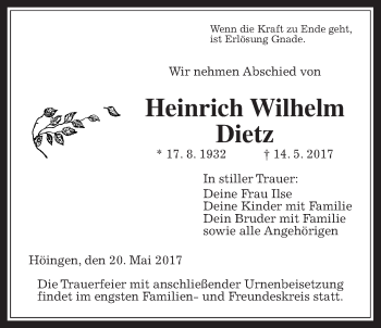 Traueranzeige von Heinrich Wilhelm Dietz von Alsfelder Allgemeine