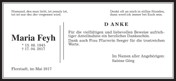 Traueranzeige von Maria Feyh von Wetterauer Zeitung, Wetterauer Zeitung