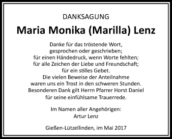 Traueranzeige von Maria Monika (Marilla) Lenz von Giessener Allgemeine, Alsfelder Allgemeine