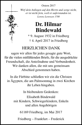 Traueranzeige von Hilmar Bindewald von Wetterauer Zeitung, Wetterauer Zeitung