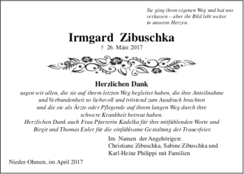 Traueranzeige von Irmgard Zibuschka 