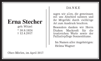 Traueranzeige von Erna Stecher von Wetterauer Zeitung, Wetterauer Zeitung