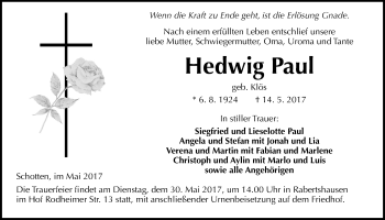 Traueranzeige von Hedwig Paul von Giessener Allgemeine, Alsfelder Allgemeine